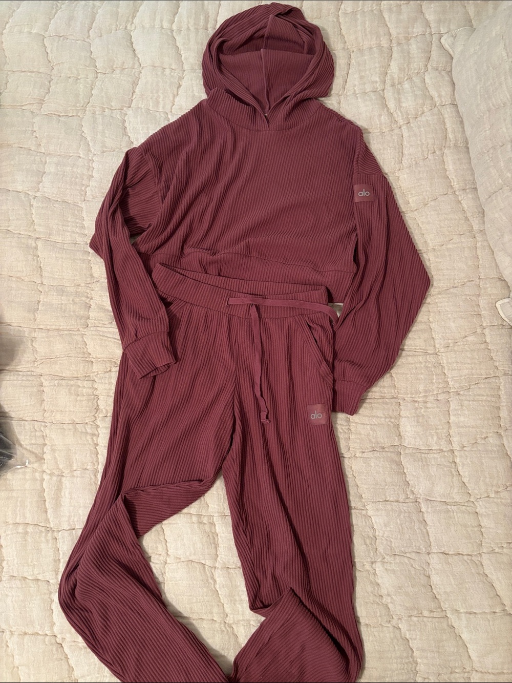 ALO Yoga Ribbed Hoodie Jumpsuit in Burgundy